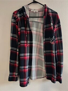 Eden & Olivia Red and Navy Plaid Hooded Shirt Jacket